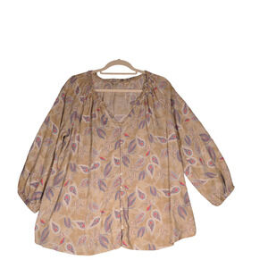 Caffe Marrakesh Blouse Womens M Beige Paidley Floral Peasant Ruffle Neck Boho